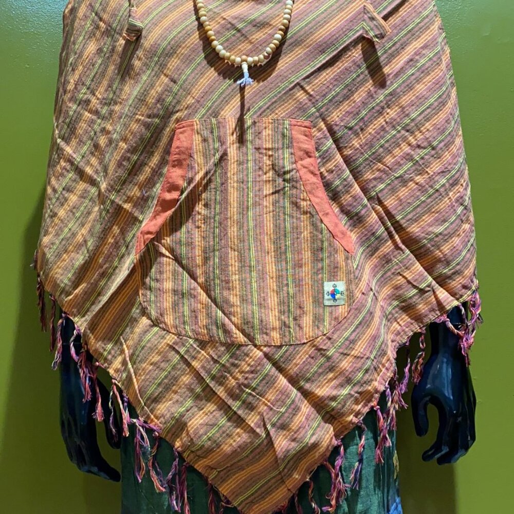 Cotton Diamond-Cut Front Pocket Hoodie Poncho - Stripes (Orange) - Picture 2 of 3